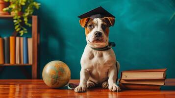 AI generated globe, books and cute dog in graduation cap on minimalist vivid background with copy space photo