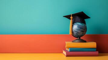 AI generated globe, books and graduation cap on minimalist vivid background with copy space photo