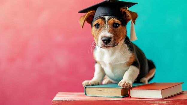AI generated globe, books and cute dog in graduation cap on minimalist vivid background with copy space photo