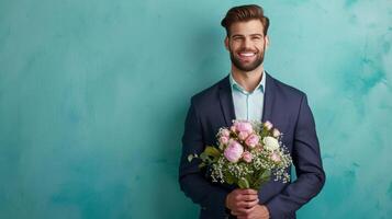 AI generated handsome business man with flower bouquet on minimalist vivid background with copy space photo