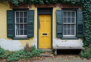 AI generated green and yellow door with shutters photo