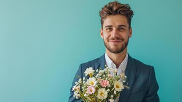 AI generated handsome businessman with flower bouquet on minimalist background with copy space photo