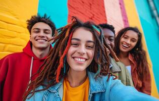 ai generado un grupo de amigos tomando un selfie juntos foto