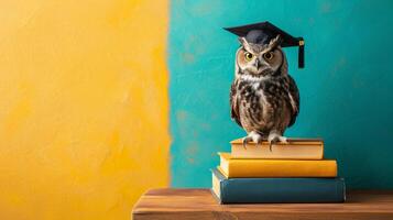 AI generated globe, books and cute owl in graduation cap on minimalist vivid background with copy space photo