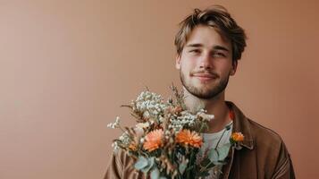 AI generated handsome man with flower bouquet on minimalist background with copy space photo