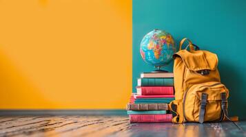 AI generated globe, books and school bag on minimalist vivid background with copy space photo