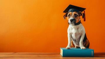 AI generated globe, books and cute dog in graduation cap on minimalist vivid background with copy space photo