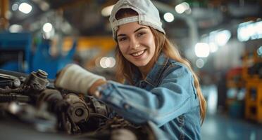 ai generado hembra mecánico sonriente mientras trabajando en un coche foto