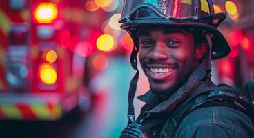 ai generado bombero vistiendo un casco y sonriente en frente de fuego camión foto