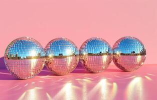 AI generated five mirrored disco balls on a pink surface photo
