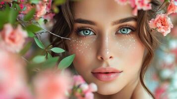 AI generated Close-up portrait of beautiful young brunette woman with flowers photo