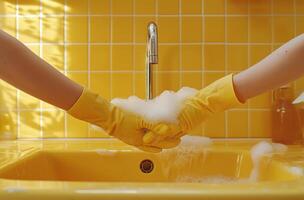 AI generated lady wearing rubber gloves washing dishes using soap in sink photo