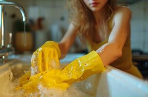 AI generated lady wearing rubber gloves washing dishes using soap in sink photo