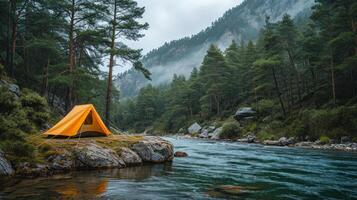 AI generated orange tourist tent stands on the river bank surrounded by a pine forest with copy cpace photo