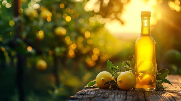 AI generated limoncello bottle on summer blurred bokeh background photo