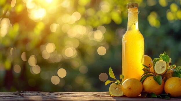 AI generated limoncello bottle on summer blurred bokeh background photo