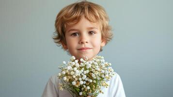 AI generated little boy fith flower bouquet on minimalist background with copy space photo