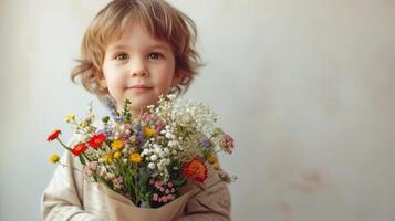 AI generated little boy fith flower bouquet on minimalist background with copy space photo