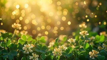 AI generated spring advertisment natural nackground with clower leaves, gold coins, bokeh lights and copy space photo