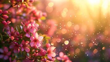 AI generated spring advertisment natural nackground with flowers, bokeh lights and copy space photo