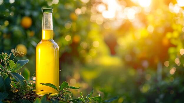 AI generated limoncello bottle on summer blurred bokeh background photo