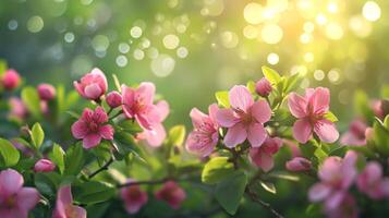 AI generated spring advertisment natural nackground with flowers, bokeh lights and copy space photo