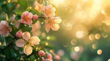 AI generated spring advertisment natural nackground with flowers, bokeh lights and copy space photo