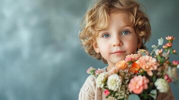 AI generated little boy fith flower bouquet on minimalist background with copy space photo