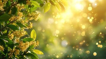 AI generated spring advertisment natural nackground with clower leaves, gold coins, bokeh lights and copy space photo