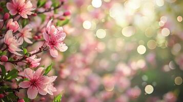 AI generated spring advertisment natural nackground with flowers, bokeh lights and copy space photo