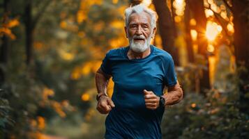 ai generado mayor hombre yendo para un correr en verano bosque foto