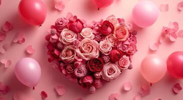 AI generated roses shaped pink heart shaped valentine's day background with balloons photo