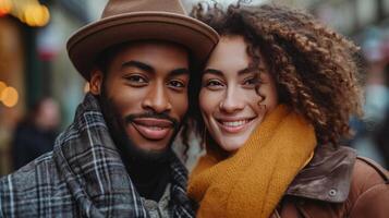 AI generated ouple in love embarrassing and posing on the street on holiday photo