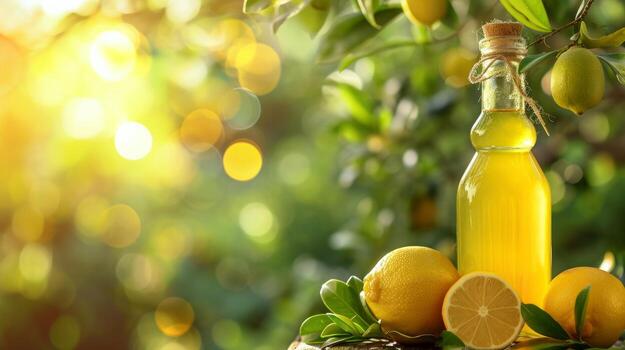 AI generated limoncello bottle on summer blurred bokeh background photo
