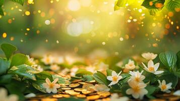 AI generated spring advertisment natural nackground with clower leaves, gold coins, bokeh lights and copy space photo