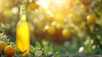 AI generated limoncello bottle on summer blurred bokeh background photo
