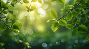 AI generated spring advertisment natural nackground with clower leaves, gold coins, bokeh lights and copy space photo