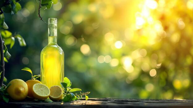 AI generated limoncello bottle on summer blurred bokeh background photo