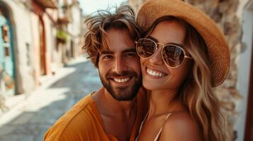 AI generated ouple in love embarrassing and posing on the street on holiday photo