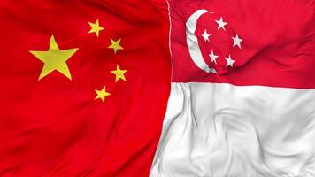 China and Singapore Flags Together Seamless Looping Background, Looped Bump Texture Cloth Waving Slow Motion, 3D Rendering video