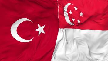 Turkey and Singapore Flags Together Seamless Looping Background, Looped Bump Texture Cloth Waving Slow Motion, 3D Rendering video