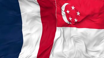 Frankrijk en Singapore vlaggen samen naadloos looping achtergrond, lusvormige buil structuur kleding golvend langzaam beweging, 3d renderen video