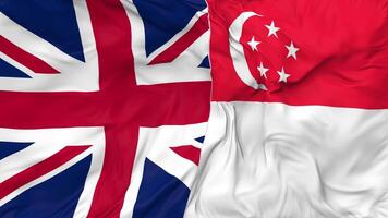 United Kingdom and Singapore Flags Together Seamless Looping Background, Looped Bump Texture Cloth Waving Slow Motion, 3D Rendering video