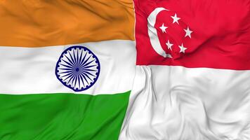 India and Singapore Flags Together Seamless Looping Background, Looped Bump Texture Cloth Waving Slow Motion, 3D Rendering video