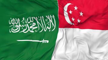 KSA, Kingdom of Saudi Arabia and Singapore Flags Together Seamless Looping Background, Looped Bump Texture Cloth Waving Slow Motion, 3D Rendering video