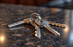 AI generated two keys sitting on a countertop in a house, photo