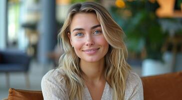 AI generated woman sitting at interview and smiling photo