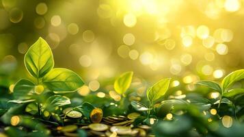 AI generated spring advertisment natural nackground with clower leaves, gold coins, bokeh lights and copy space photo