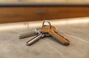 AI generated two keys sitting on a countertop in a house, photo