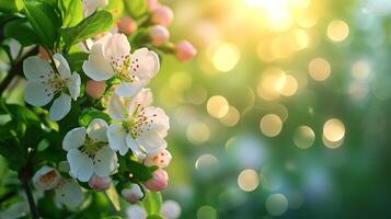 AI generated spring advertisment natural nackground with flowers, bokeh lights and copy space photo